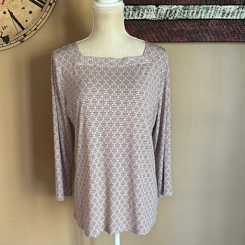 Liz Claiborne Women’s Geometric Pattern Square Neck Top Size Large Pink Black